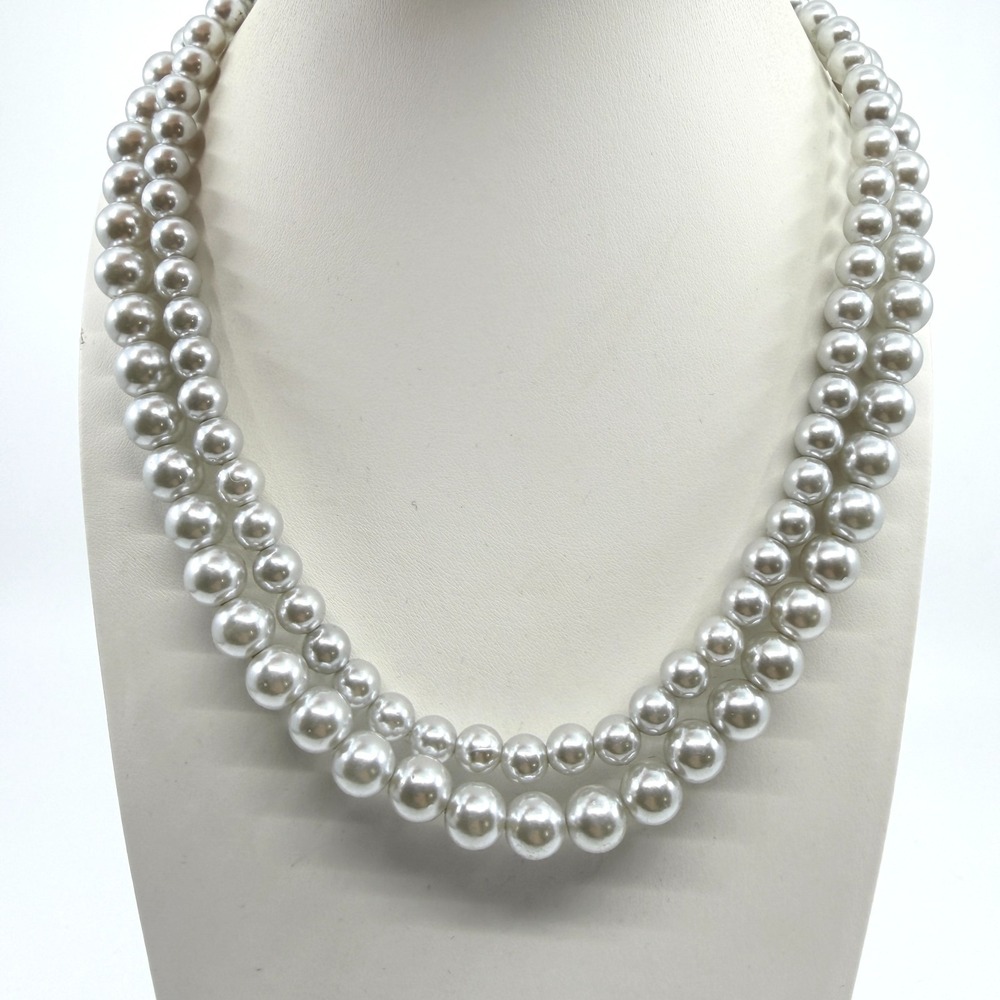VTG Double Strand Silver Tone Grey Faux Pearl Layered Statement Necklace Retro
